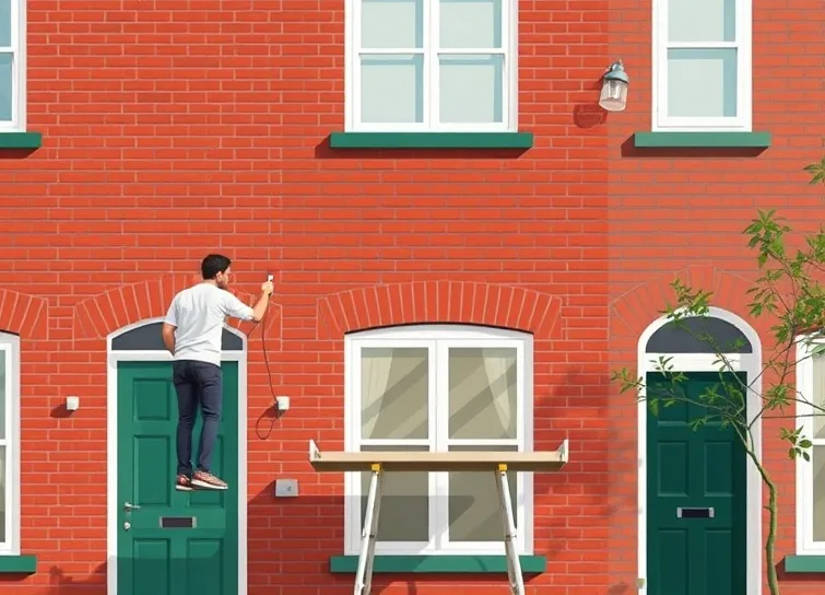 Peintre sur échafaudage traitant la façade d'une maison